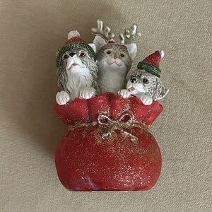 Holiday Cat and Dog Figurine in Red Bag